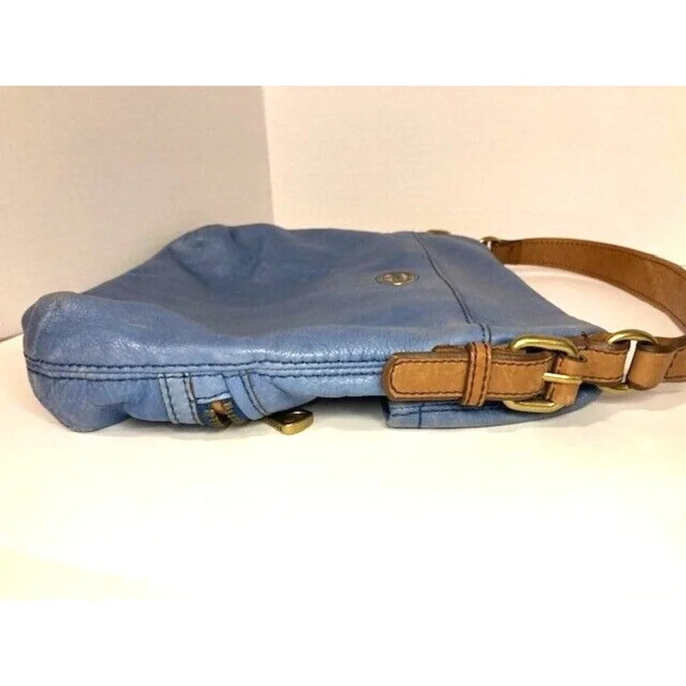 Vintage‎ Fossil Cowhide Leather Fold-Over Denim Blue Shoulder Bag Hobo